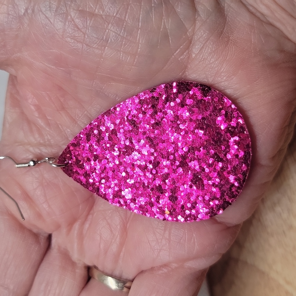 Retro Glittered Teardrop Dangle Earrings Faux Leather Pink Purplish 3" Drop NWT - Picture 3 of 8